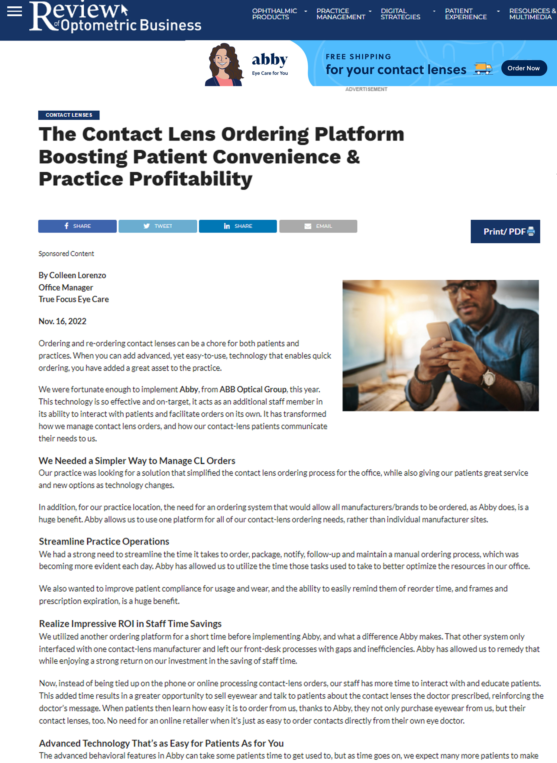 Abby Contact Lens Ordering Platform Article on Review of Optometric Business - 11-17-22- article